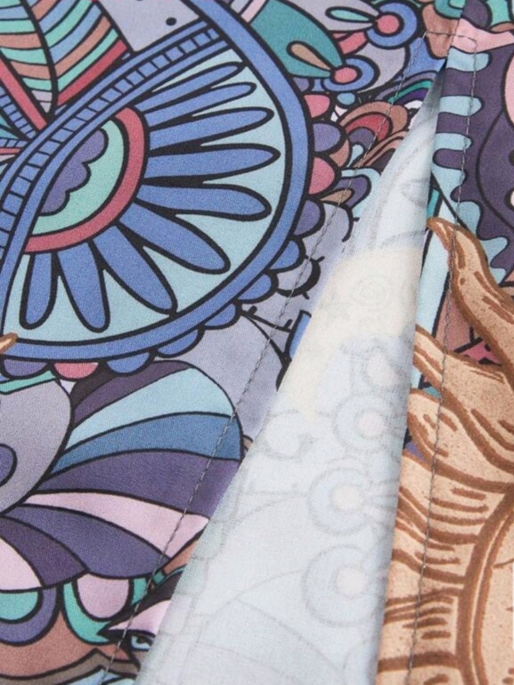 ROMWE Brown & Teal Sun Motif Midi Skirt W/ Quarter Cut And Disguised Back zipper - Picture 5 of 13